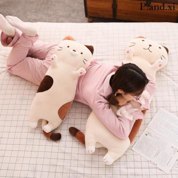 ネコぬいぐるみ抱き枕 猫 添寝枕 クッション  もちもち ふわふわ 柔らか 可愛い プレゼント用 ベージュ 100cmの画像