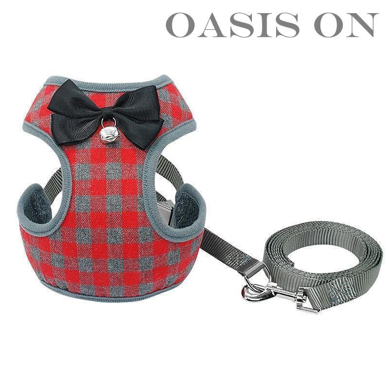 犬 猫 ハーネス リード付 ペット 服 リボン チェック 蝶ネクタイ 胴輪