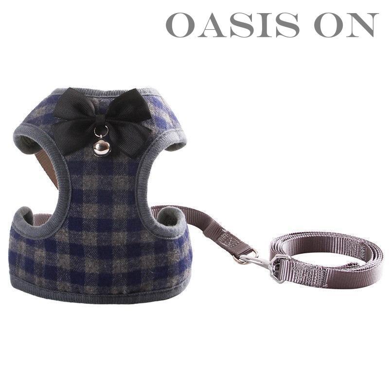犬 猫 ハーネス リード付 ペット 服 リボン チェック 蝶ネクタイ 胴輪
