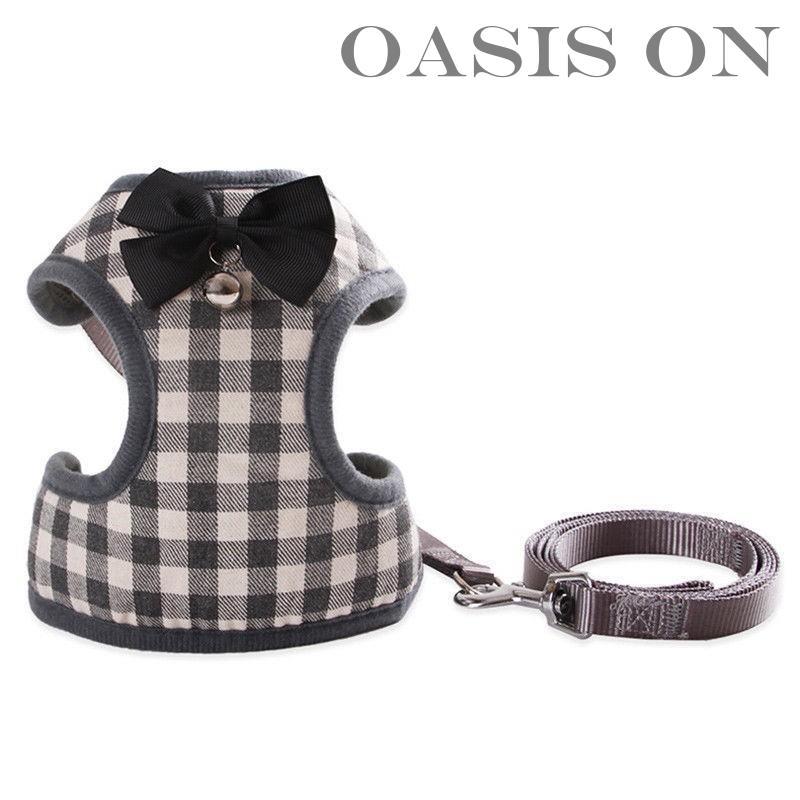犬 猫 ハーネス リード付 ペット 服 リボン チェック 蝶ネクタイ 胴輪