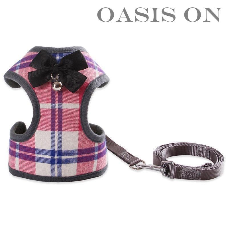 犬 猫 ハーネス リード付 ペット 服 リボン チェック 蝶ネクタイ 胴輪