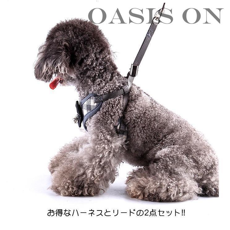 犬 猫 ハーネス リード付 ペット 服 リボン チェック 蝶ネクタイ 胴輪