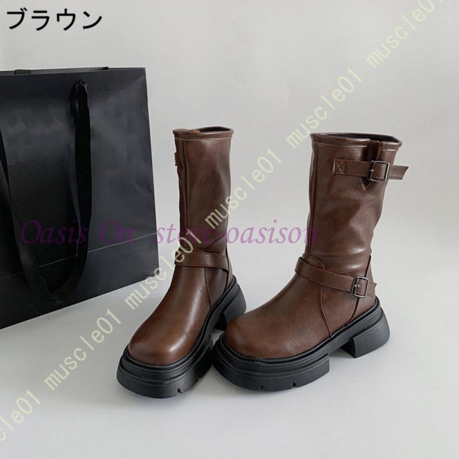 エンジニアブーツ ミドルブーツ 厚底 スリッポン ラウンドトゥ