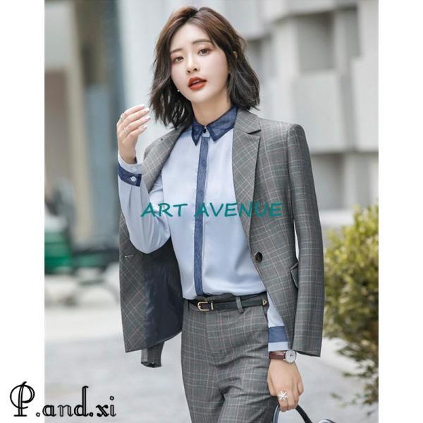レディース スーツセット パンツセットチェック柄 20代30代40代 事務服