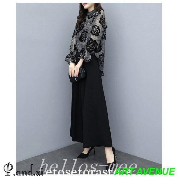 セットアップレディースシフォン七分袖トップス花柄ガウチョパンツ