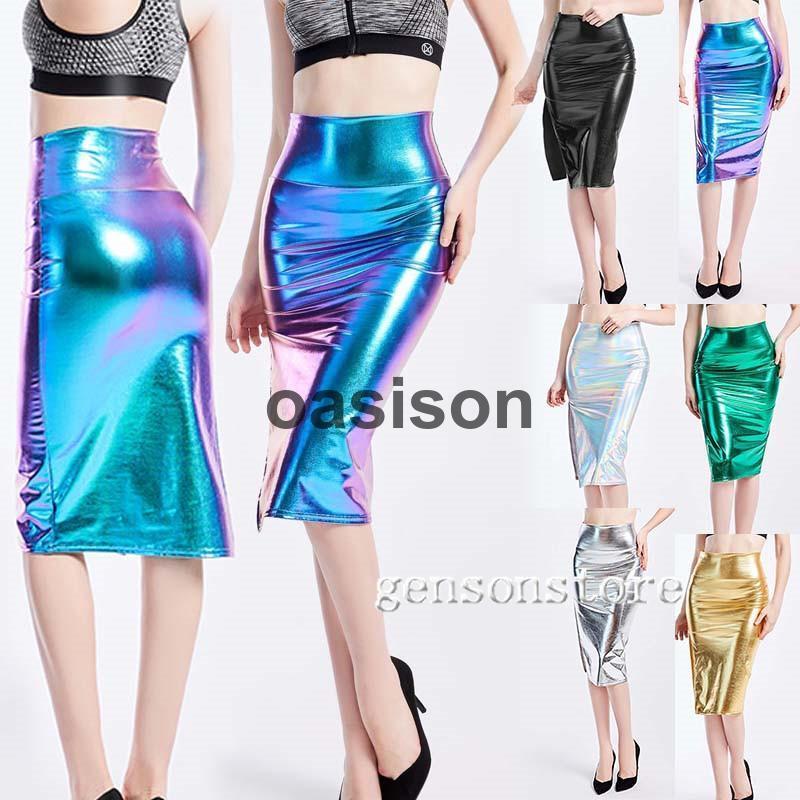 メタリックスカート 光沢 エナメル フィット タイト 美脚 ひざ丈