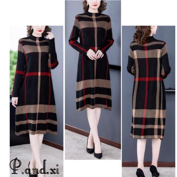 ニットワンピース ワンピース 冬 レディース 秋冬 ロング ニットワンピ ロング丈 きれいめ Aライン チェック柄 ニット セーター ゆったり 韓国風 大人 40代 ニットワンピース ワンピース 冬 レディース 秋冬 ロング ニットワンピ