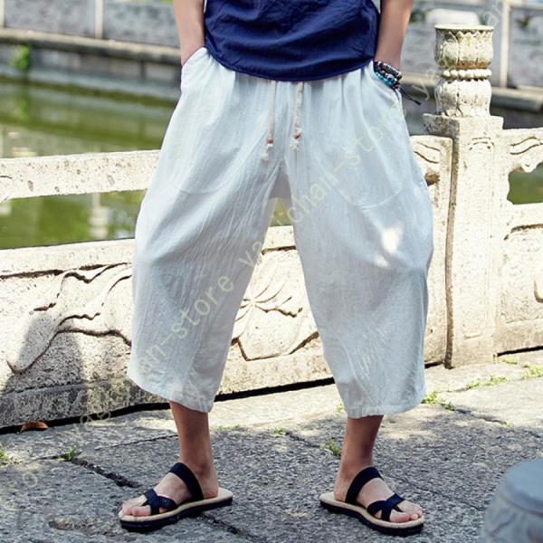 メンズ パンツ 綿麻 クロップドパンツ リネンパンツ 7分丈 ワイド
