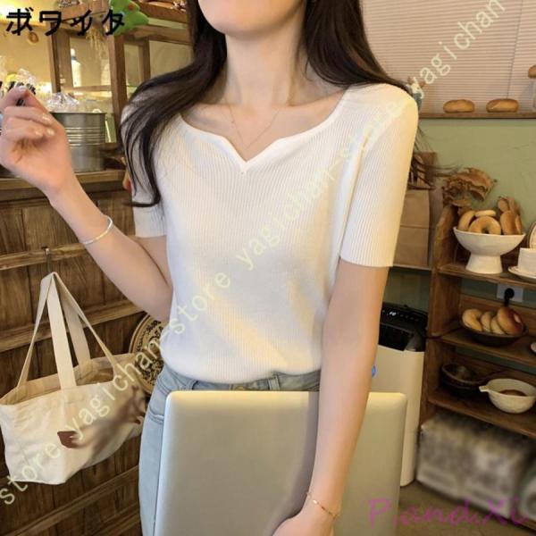tシャツ レディース 半袖 リブニット 夏tシャツ vネック サマー