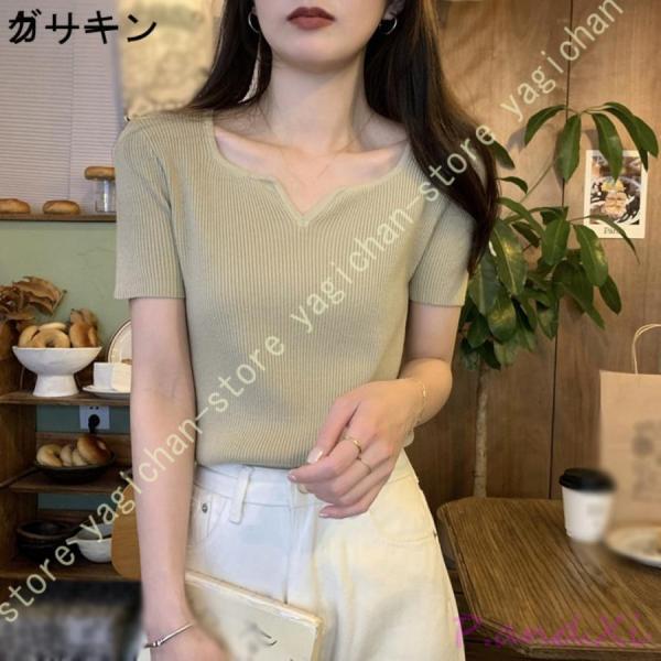 tシャツ レディース 半袖 リブニット 夏tシャツ vネック サマー