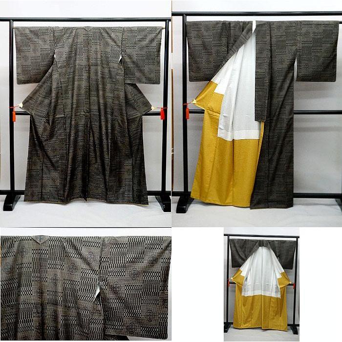 中古 美品 大島紬 正絹 泥染め 黒 茶色 9マルキ 身丈160cm