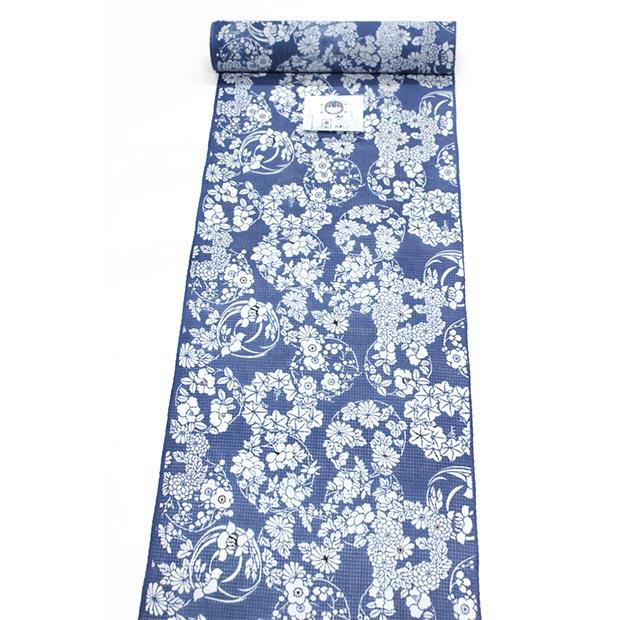 日本橋竺仙 薊夏花 ブルー綿紅梅反物新品 レア柄 竺仙 浴衣 反物 綿紅梅 型染め 綿 団扇に秋草模様 日本製 夏着物