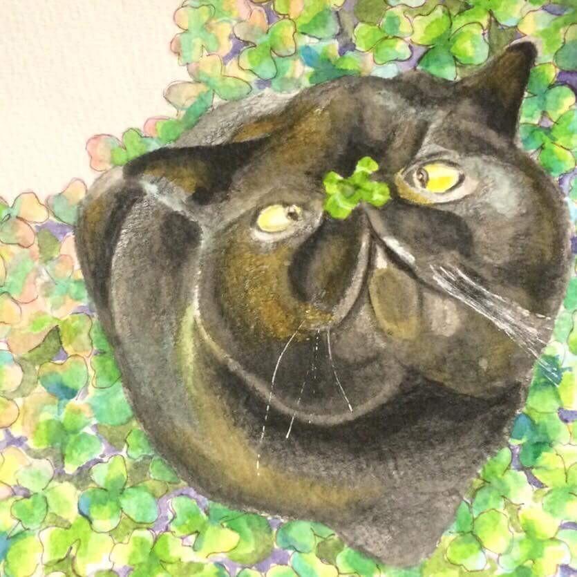 絵画 モダン アートパネル アート インテリア 雑貨 おしゃれ ロココロ 猫 ネコ ねこ 画家 : ゆりんぐ 作品 : 黒猫は四つ葉のクローバーを探すのが得意｜obeolysco