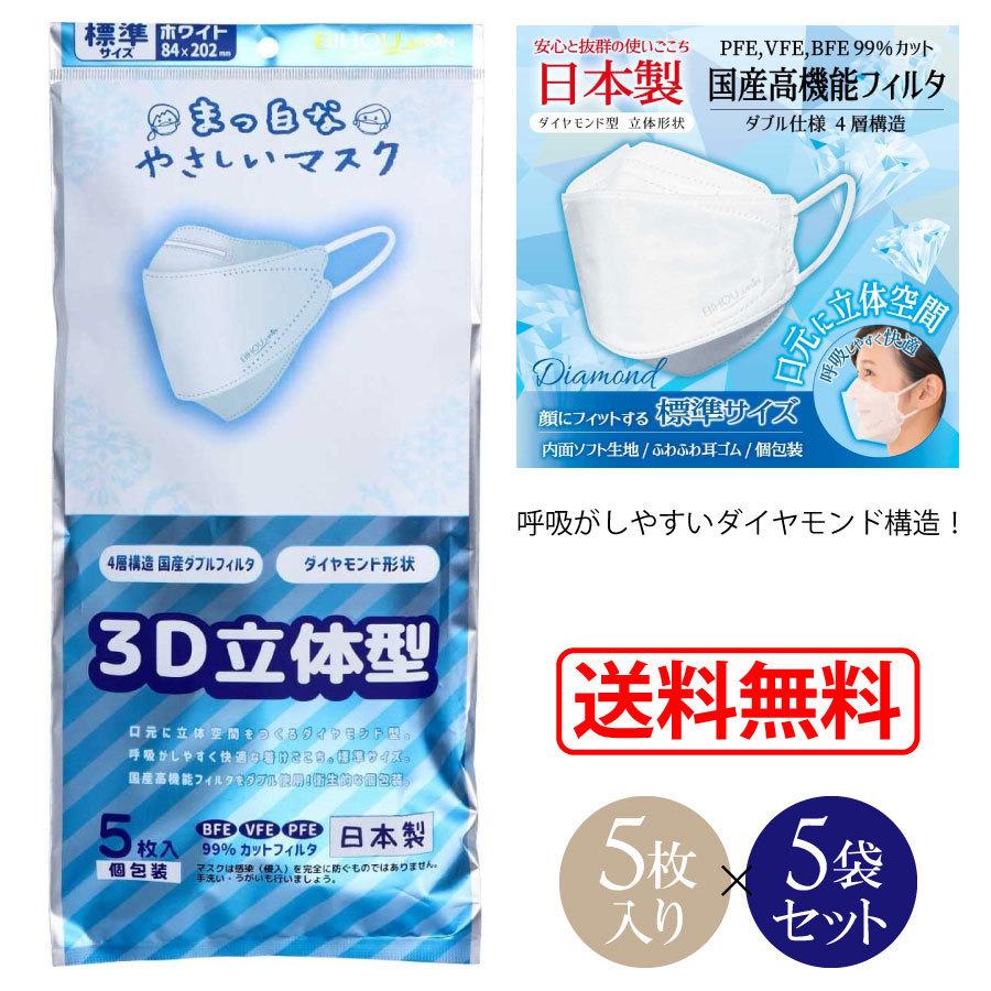 5袋セット 日本製 個包装 3D立体型ワイドタイプ 真っ白なやさしいマスク 5枚入り ダイヤモンド形状 幅広 4層構造 太ゴムBIHOUMASK 99カット 45601147790575