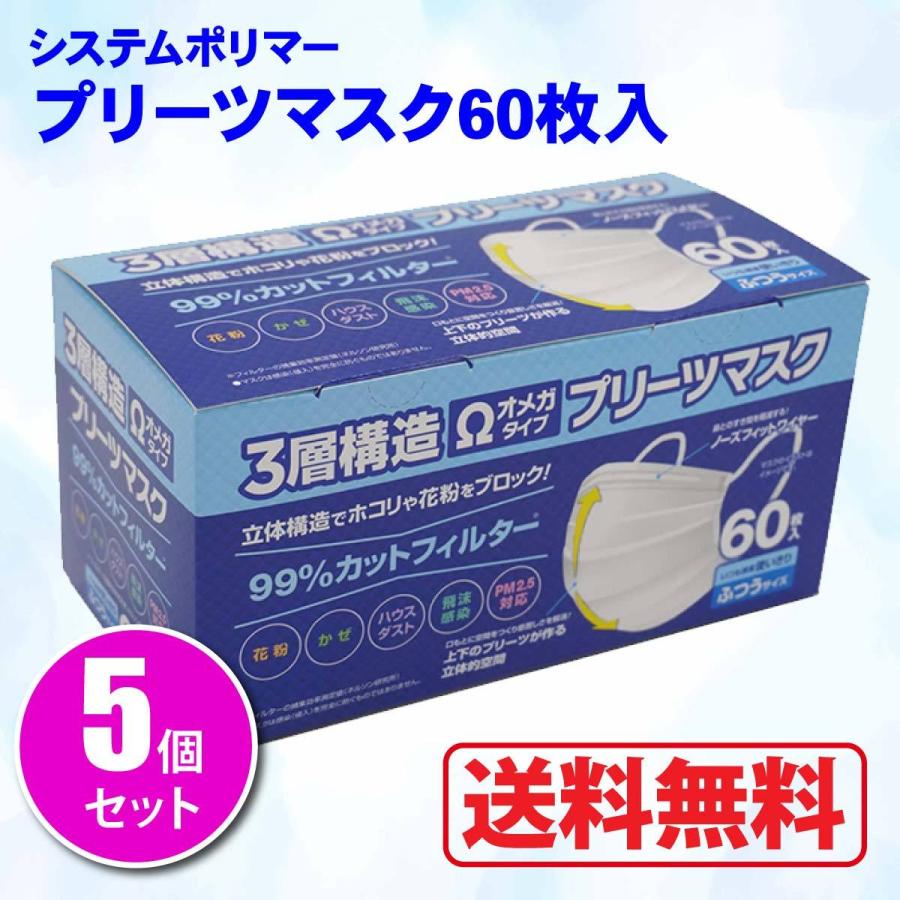 5箱セット システムポリマー 3層構造不織布オメガタイププリーツマスク 