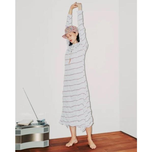 MEYAME（メヤメ） TUCKED JACQUARD BORDER DRESS HEATHER GREY タック