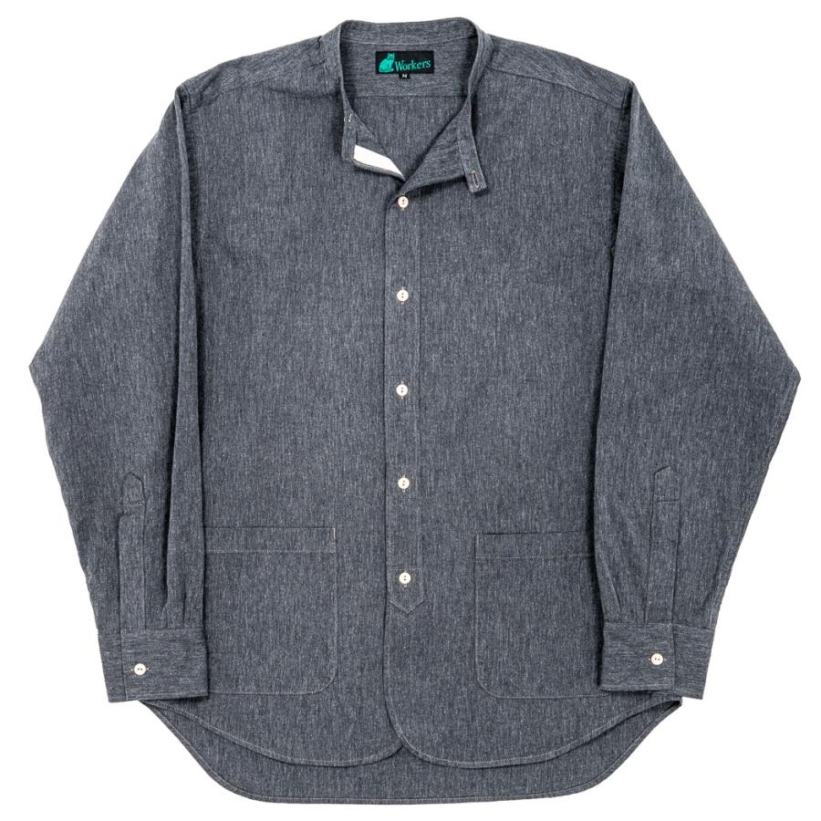 予約商品 WORKERS ワーカーズ Band Collar Shirt, Black Chambray