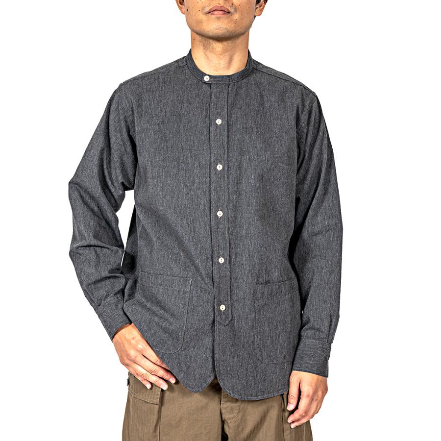 予約商品 WORKERS ワーカーズ Band Collar Shirt, Black Chambray