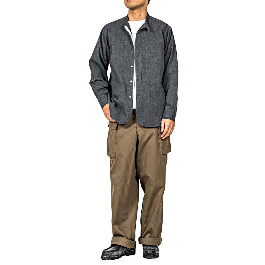 WORKERS ワーカーズ Band Collar Shirt, Black Chambray バンドカラー