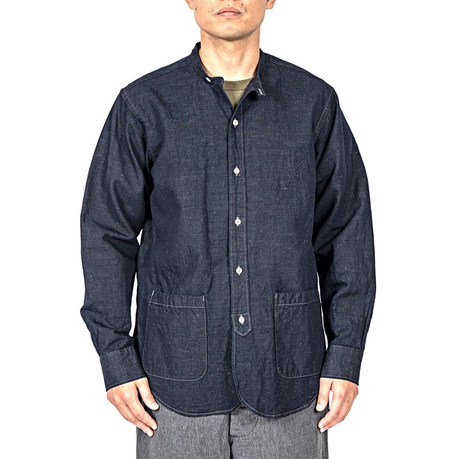 WORKERS ワーカーズ Band Collar Shirt, Indigo Cotton Linen バンド