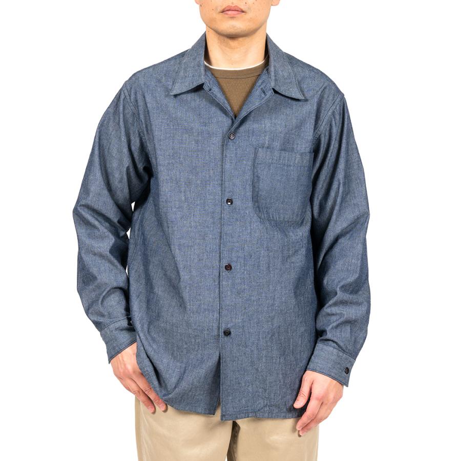 WORKERS ワーカーズ ノーカラー シャツジャケット 38 WORKERS ワーカーズ Open Collar Shirt, Indigo Chambray オープン