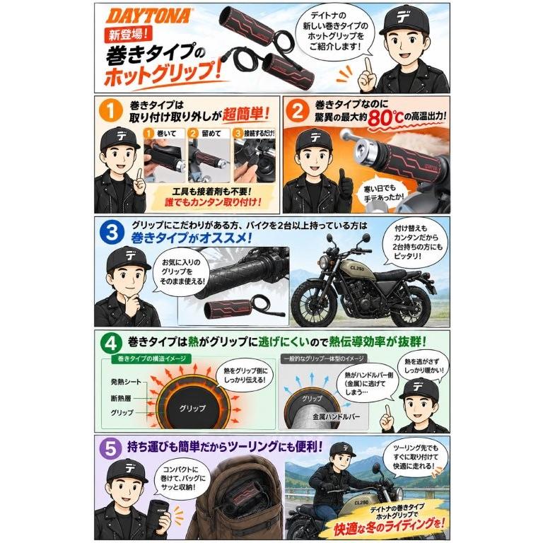 在庫有り DAYTONA デイトナ グリップヒーター 巻き付け USB Type-C PD対応 ホットグリップ グリッピーグリップ GG-D WRAP HEAT(100mm) ブラック 66035 | DAYTONA（バイク用品） | 08