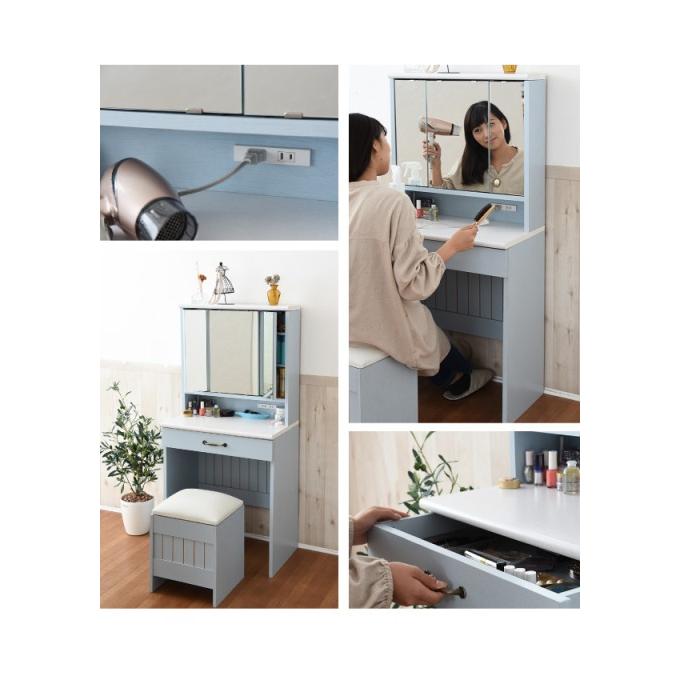 カラー:BL ブルー フレンチカントリー 椅子 三面鏡 ドレッサー