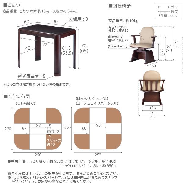 豪然たる暖房器-高さ調節する役立つこと付き添い人 夕めしこたつ-調和90x60糎 3点仕かける（こたつ+掛布団+肘付回転させる居敷き1脚）SAI 彩 こたつ 矩形 夕めし速見表