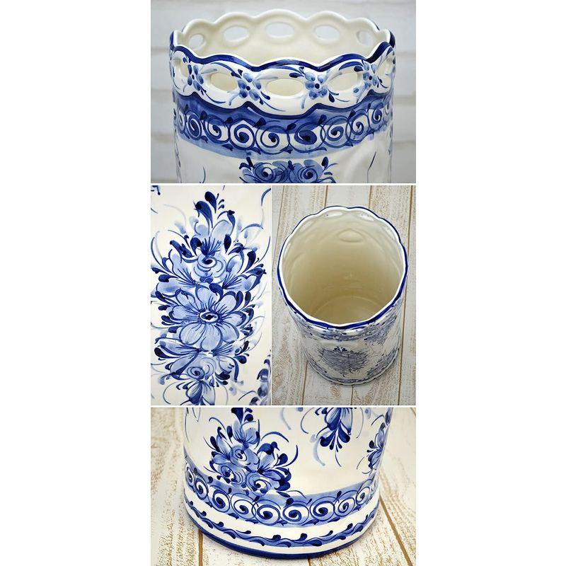 傘立て 陶器 ポルトガル製 花柄 ブルー ホワイトスリム シンプル