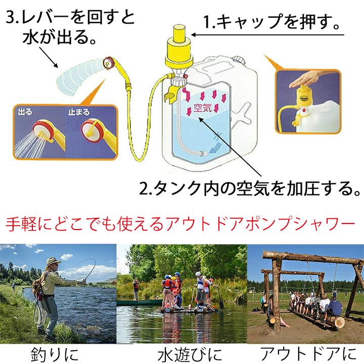 簡易シャワー 手動式シャワーと10リットルのポリタンクセット 空気圧式