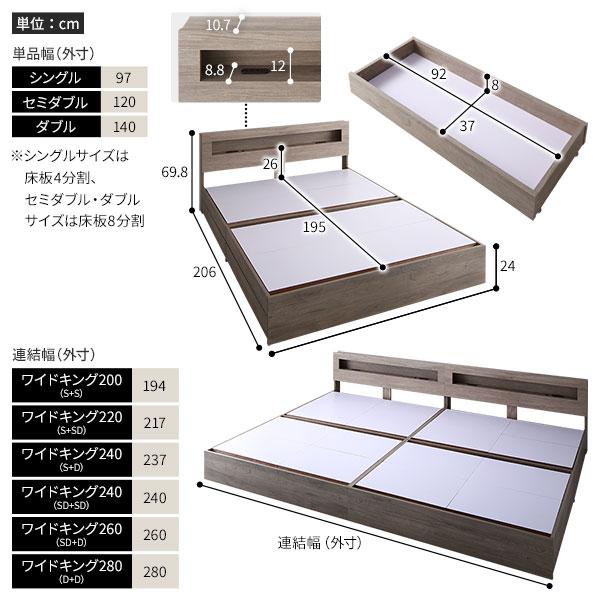 代引き不可 ベッド ワイドキング 200(S+S) 国産ポケットコイルマットレス付き ホワイト 照明付 収納付 棚付 宮付 コンセント付