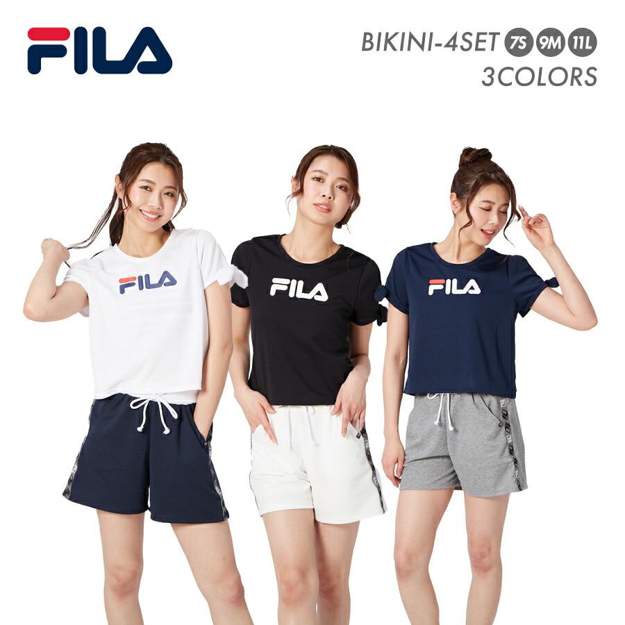 フィラティシャツ2枚とショートパンツ3点セット FILA（フィラ） 女の子 水着 タンキニ 3点セット 襟スリットTシャツ
