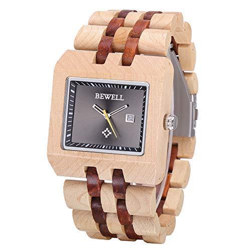 『1年保証』 BEWELL メンズ 木製腕時計 正方形 日付表示 ハンドメイド 木製バンド 軽量 腕時計 MPRD。並行輸入 腕時計用ベルト、バンド