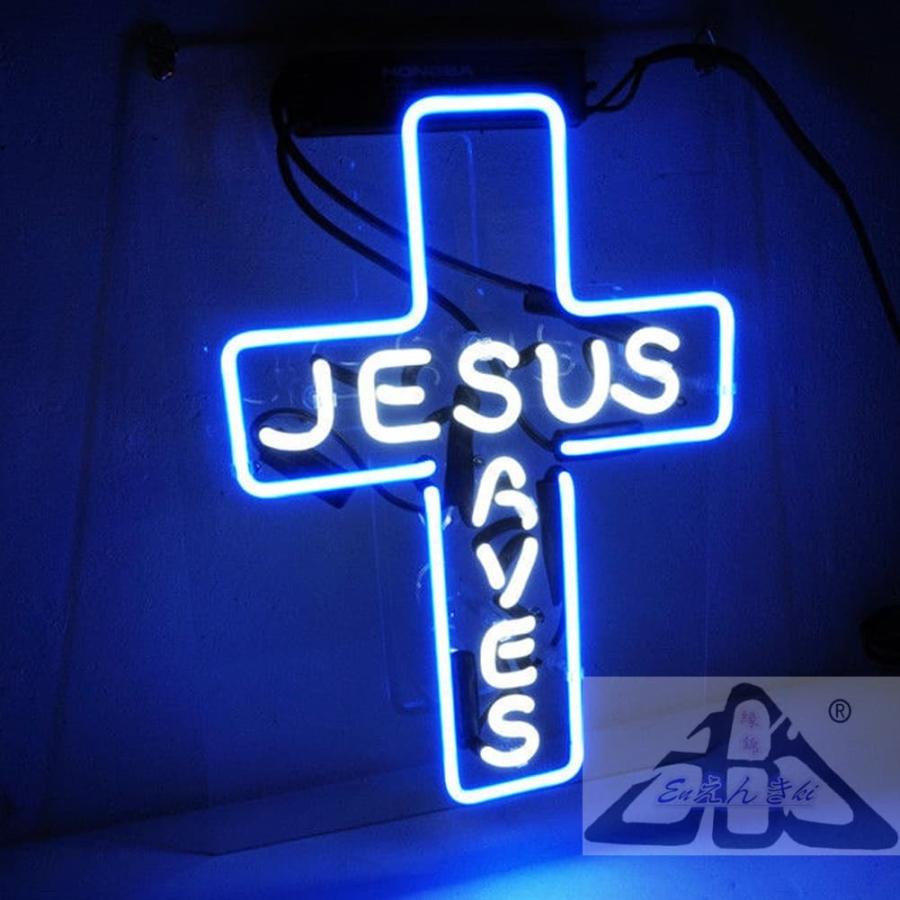ネオンサイン Jesus クロス型 青白 ガラス 看板 十字架 ライト 店舗看板 インテリア 壁掛け led 看板 アメリカン雑貨 明るい カフェ バー オーダーメイド可能_1