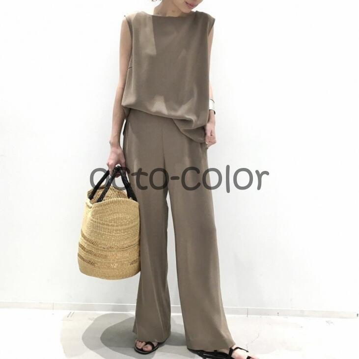 新品☆LLくすみカラー♪ベアトップ風ブラウス＆ワイドパンツ♪セットアップa595 セットアップ レディース 夏 春 Tシャツ ブラウス 袖なし
