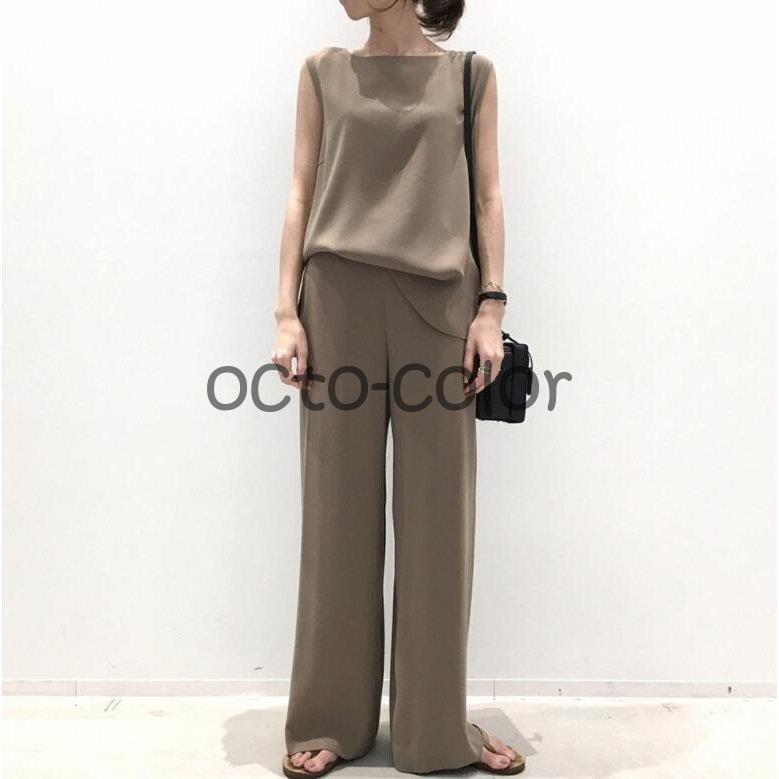 セットアップ レディース 夏 春 Tシャツ ブラウス 袖なし ノースリーブ カジュアル ワイドパンツ 無地 きれいめ ロングパンツ 体型カバー 着痩せ セットアップ レディース 夏 春 Tシャツ ブラウス 袖なし ノースリーブ