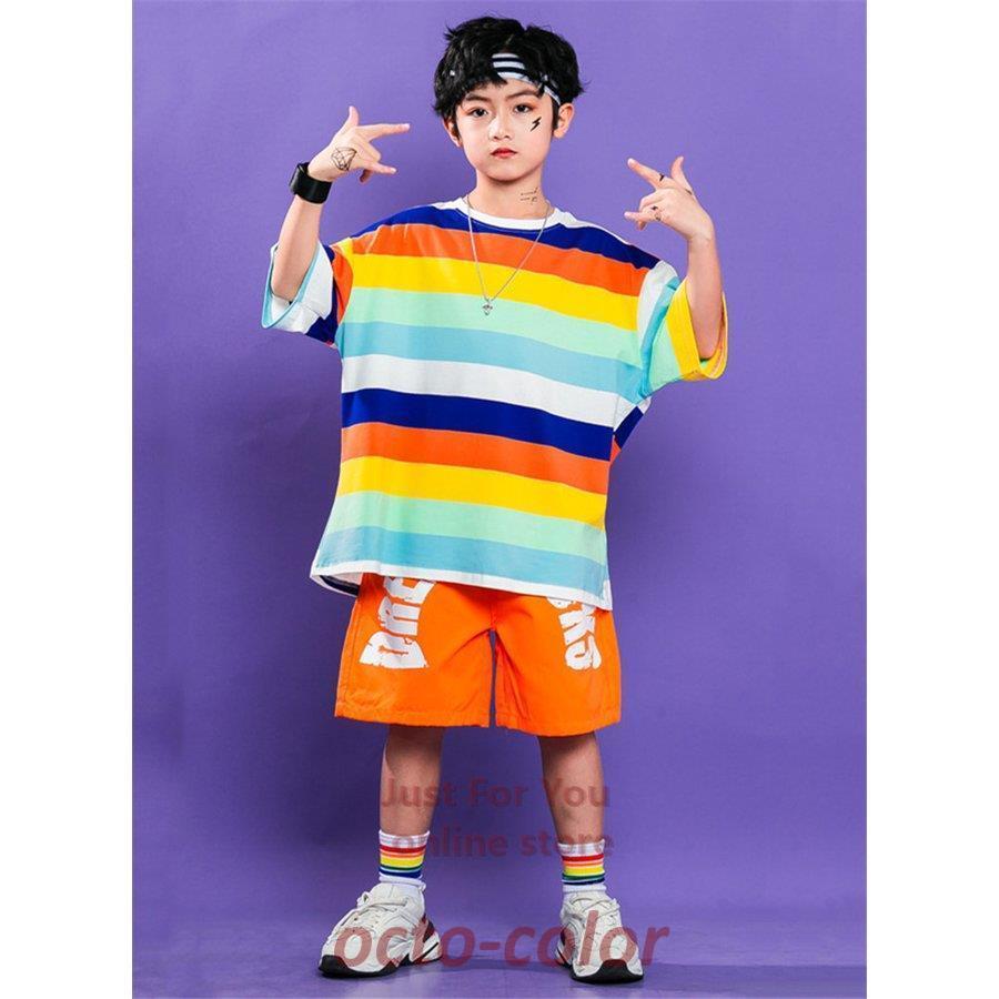 キッズダンス衣装 半袖 tシャツ 虹色 k-pop パンツ カラフル色 子供 ダンス衣装 ヒップホップ シャツ カーゴパンツ ベルト ファッション ストリート 原宿系｜octo-color｜07