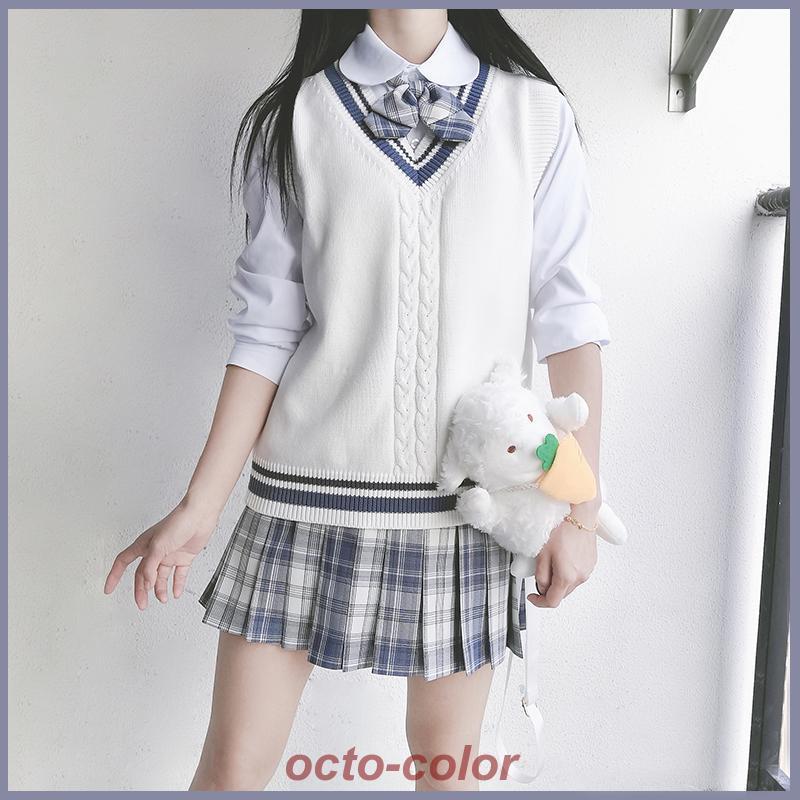 ライン入りニットベスト 綿100% Vネック スクールベスト ホワイト 年間