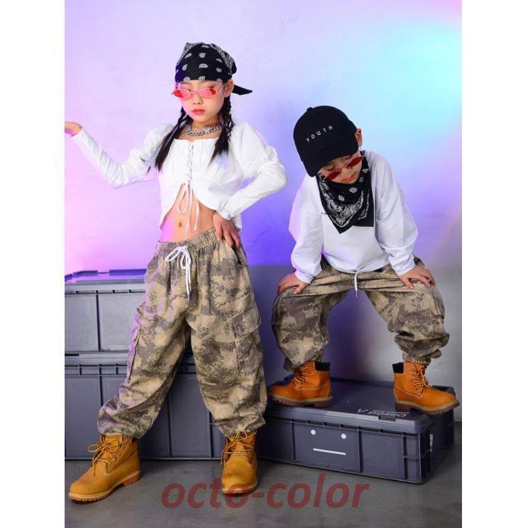 キッズ ダンス 衣装 迷彩 カモフラージュ パンツ ヒップホップ Hiphop ストリート 女の子 男の子 ガールズ 子供 ティーンズ キッズ ジュニア ベージュ 即日発送