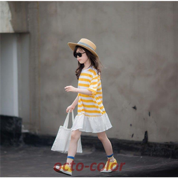 高品質 ストライプ 膝丈 半袖 夏 女子 ジュニア 韓国子供服 親子ペア Dress 子供ドレス キッズ ワンピース 子供服 カジュアル 新品 通園着 通学着 可愛い おしゃれ ワンピース チュニック カラー イェロー Www We Job Com