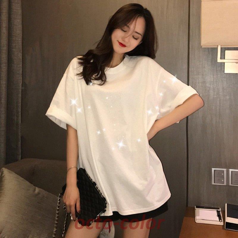 Tシャツ レディース きれいめ 40代 春夏 上品 半袖Tシャツ ブラウス 白トップス キラキラ オシャレ 韓国風 ゆったり カジュアルT 大きいサイズ Tシャツ Tシャツ レディース きれいめ 40代 春夏 上品 学生 キラキラ