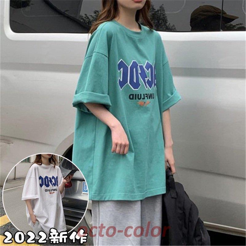 tシャツ レディース  夏 半袖 韓国 ロゴ カットソー Uネック トップス  ゆるTシャツ 丸首  プルオーバー カジュアル ロゴ プリント ホワイト 白 グレー グリーン｜octo-color