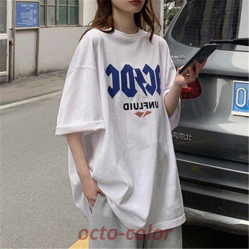 tシャツ レディース  夏 半袖 韓国 ロゴ カットソー Uネック トップス  ゆるTシャツ 丸首  プルオーバー カジュアル ロゴ プリント ホワイト 白 グレー グリーン｜octo-color｜02