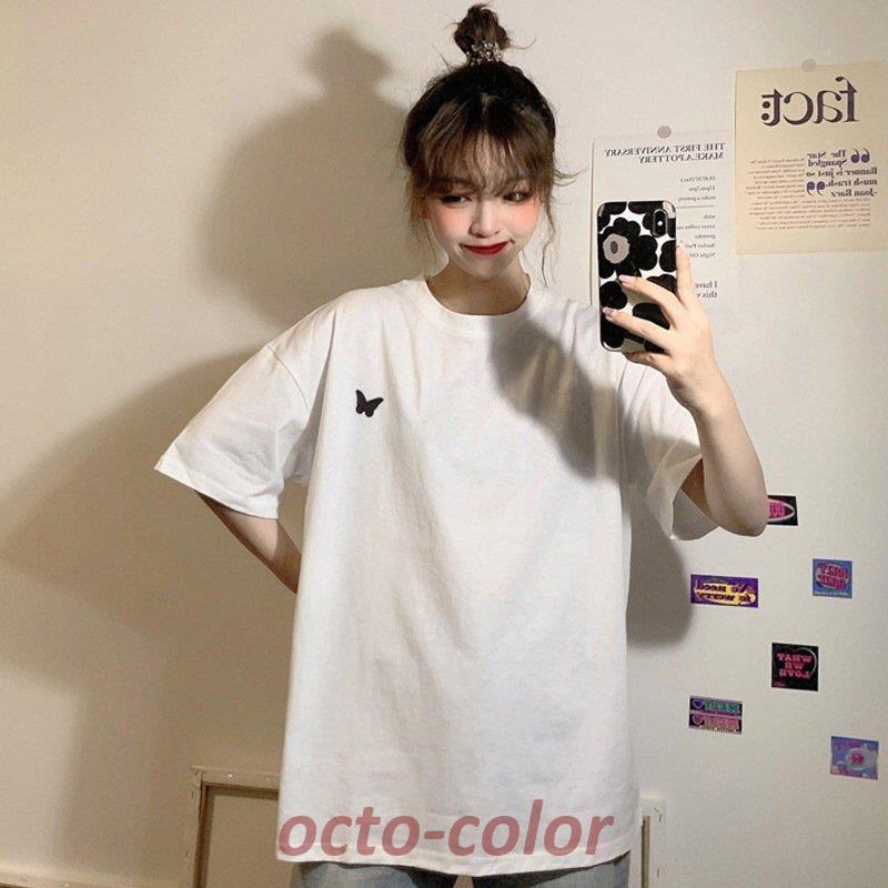 Tシャツ 夏 レディース 半袖Tシャツ ゆったりTシャツ カットソー 半袖 トップス サマーTシャツ カジュアル  お洒落 ロゴ プリント ホワイト 白 黒 ブラック｜octo-color