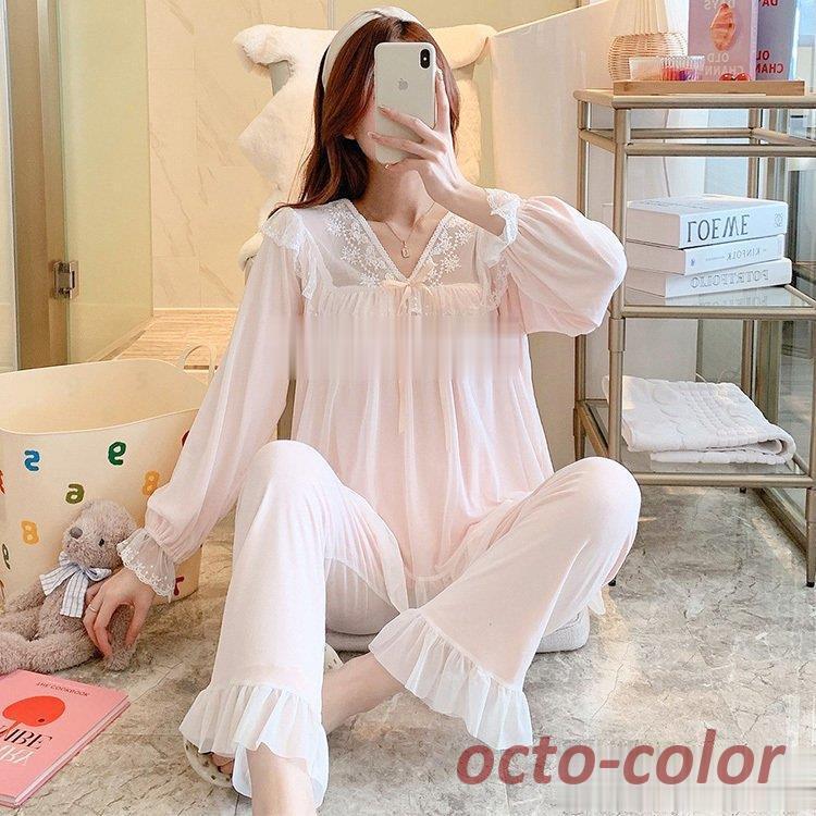 パジャマ ルームウェア レディース 春夏 長袖パジャマ レースv