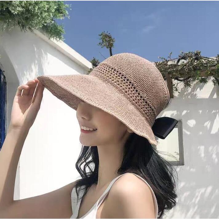 代引き不可】 麦わら帽子 リボン 折りたたみ 紐付き つば広 サンバイザー 花柄 ブラウン 麦わら帽子 リボン 折りたたみ 紐付き つば広 サンバイザー 花柄 ブラウン