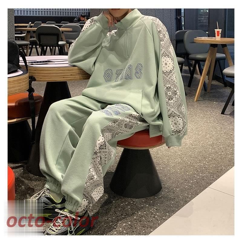 韓国 ファッション ゆったり ペーズリーライン 上下セット ハーフ
