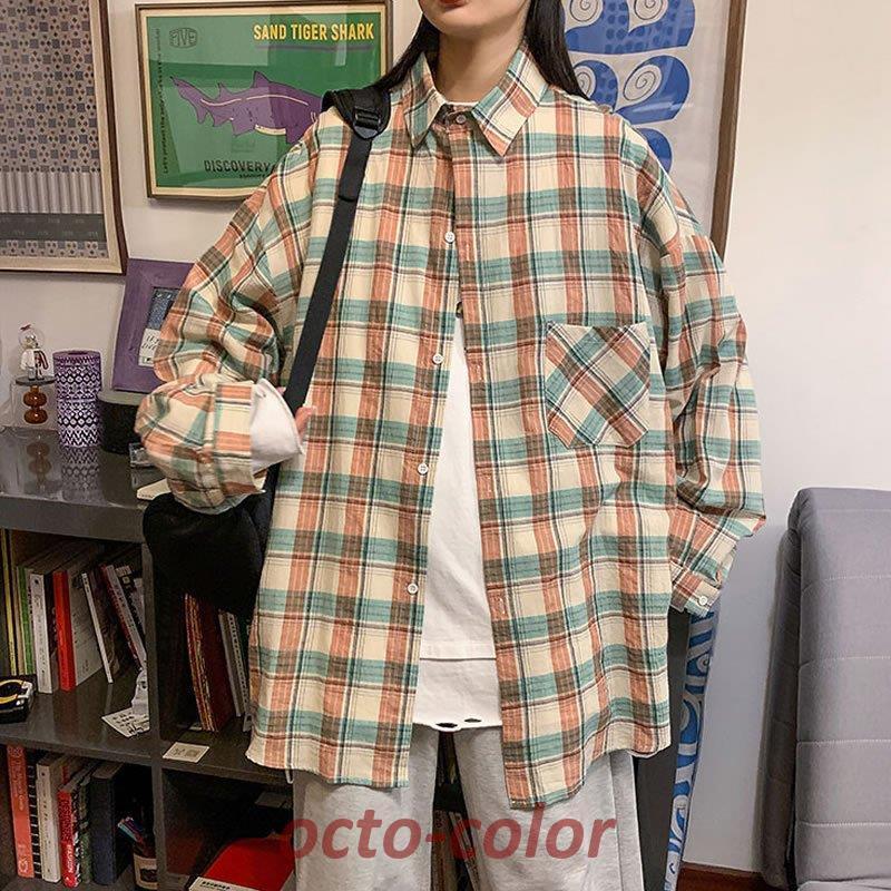 長袖シャツ 韓国 ファッション チェック柄 ロングスリーブ ボタン