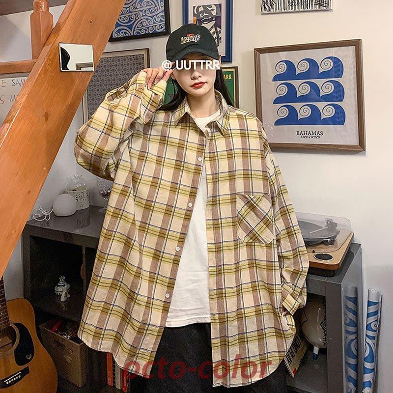 長袖シャツ 韓国 ファッション チェック柄 ロングスリーブ 長袖シャツ 韓国 ファッション チェック柄 ロングスリーブ