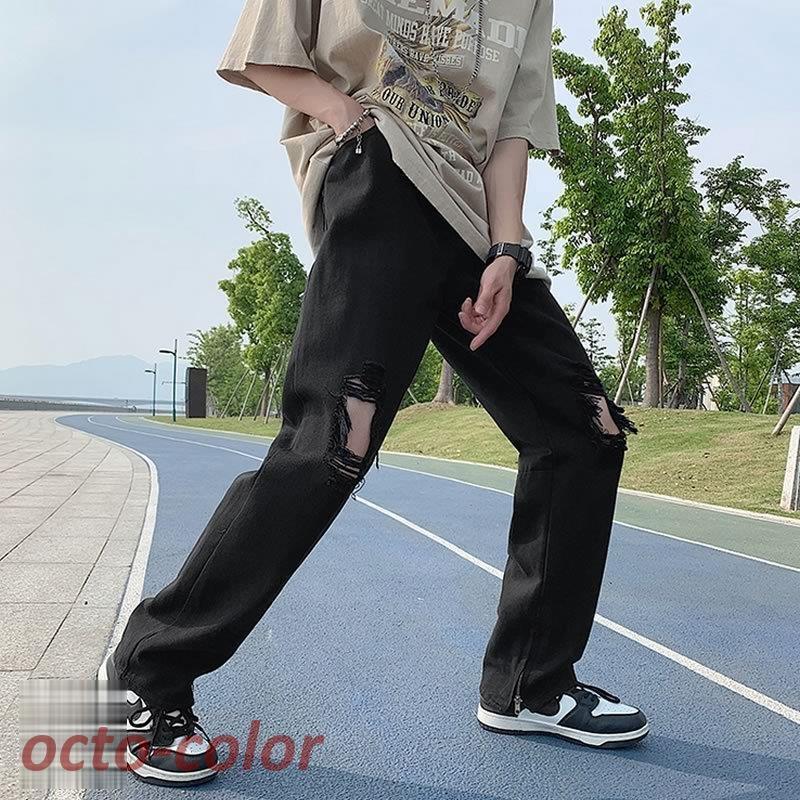 メンズ デニムパンツ 破れ加工デニムパンツ 春夏 裾ジップ メンズ デニムパンツ 破れ加工デニムパンツ 春夏 裾ジップ